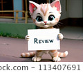 A homeless cat begs with a review sign. AI created.  113407691