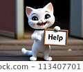 A homeless cat begs with a help sign. AI created.  113407701