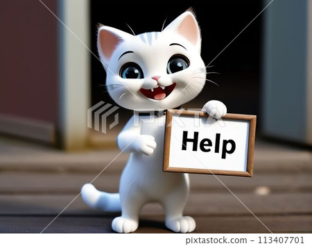 A homeless cat begs with a help sign. AI created.  113407701