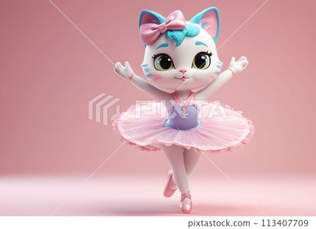 A kitten in a pink tutu dances ballet. AI generated.  113407709
