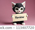 A homeless cat begs with a review sign. AI created.  113407720