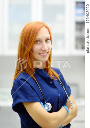 Vertical portrait of beautiful redhead female doctor during appointment of patient in office a modern clinic. Skillful woman veterinarian is at the workplace in vet hospital. 113408020