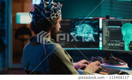 Computer scientist researching brain machine transferring, conducting experiments to achieve transcendence. Man merging mind with AI, uploading consciousness, trying to become cyborg, camera A 113408117