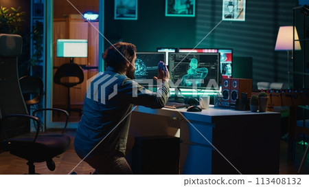 Man jumping out of chair from shock after being greeted by sentient AI gaining superintelligence, bowing down to it. Programmer doing worshiping reverence in front of artificial intelligence, camera A 113408132