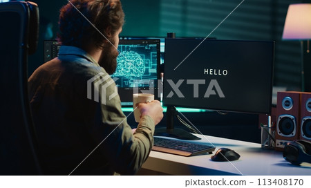 Programmer being asked existential questions by awaken AI gaining consciousness, emulating humans and passing turing test. Man communicating with artificial intelligence, camera A Programmer being asked existential questions by awaken AI gaining consciousness, emulating humans and passing turing test. Man communicating with artificial intelligence, camera A 113408170