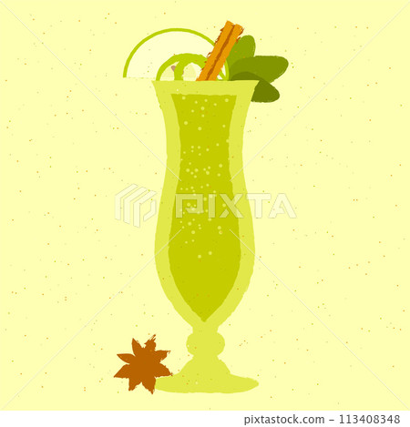 Green cocktail with apple, cinnamon, star anise in hurricane glass. Aromatic tea 113408348