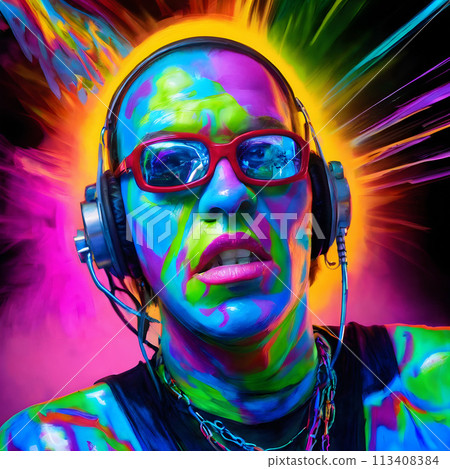 A person wearing headphones and red glasses enjoying some music. A person wearing headphones and red glasses enjoying some music. 113408384