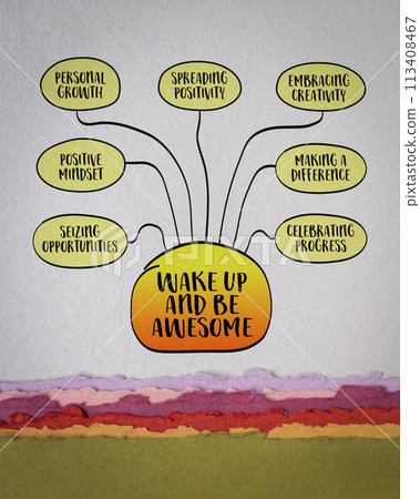 Wake up and be awesome concept encapsulates the idea of embracing each day with enthusiasm, purpose, and a positive mindset Wake up and be awesome concept encapsulates the idea of embracing each day with enthusiasm, purpose, and a positive mindset 113408467