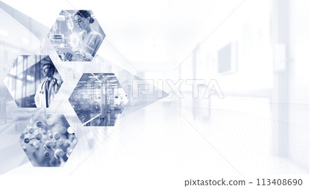 醫療創新概念與醫生、醫療設備、研究數據和 DNA 的圖像。 113408690