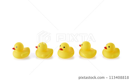 Five Yellow rubber ducks on a white background 113408818