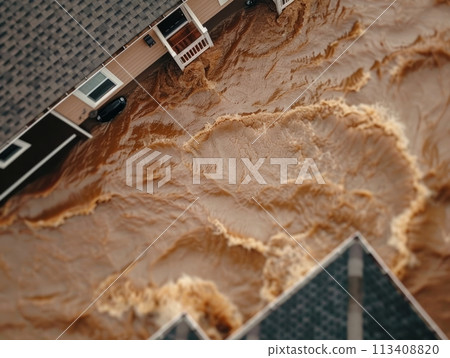 Aerial view of flooding city. Natural disaster damages houses and vehicles. Extreme flood and storm aerial photo. Aerial view of flooding city. Natural disaster damages houses and vehicles. Extreme flood and storm aerial photo. 113408820