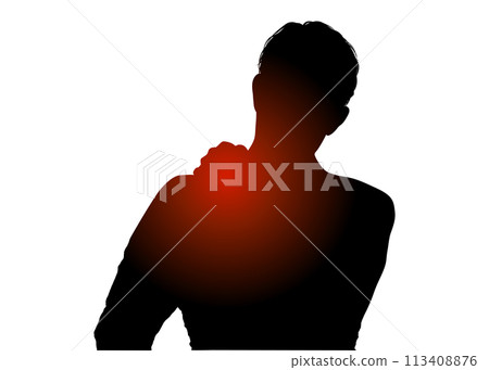 Silhouette illustration of the upper body of a businessman suffering from stiff shoulders 113408876