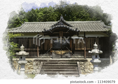 Watercolor painting style, Kunihoko Shrine, worship hall, Hayashima Town, Tsukubo District, Okayama Prefecture 113409079