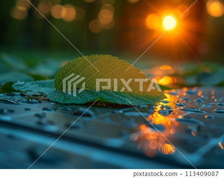Green leaf is over a solar panel. Macro closeup concept of sustainable energy and nature.  113409087