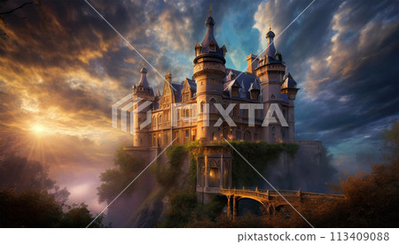 An old castle illuminated by the morning sun - a dramatic scene | Editing Adobe AI-generated images without copyright issues 113409088