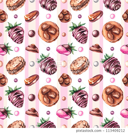 Watercolor seamless pattern with sweets and desserts 113409212