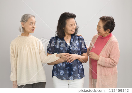 Portrait of a smiling senior woman having a fun conversation 113409342