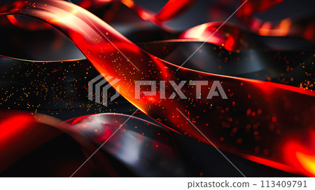 A background of gold glitter and shiny red ribbon tape. 113409791