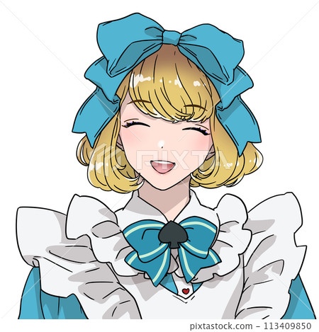Illustration of a girl in a cute costume with a big ribbon and a playing card motif, Alice in Wonderland style, smiling broadly Illustration of a girl in a cute costume with a big ribbon and a playing card motif, Alice in Wonderland style, smiling broadly 113409850