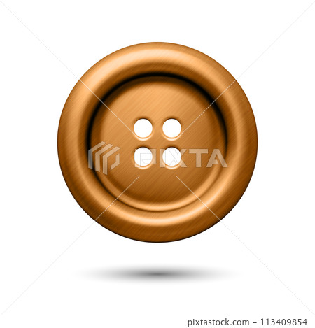 Vector Bronze Metal Golden Color Four Hole Clothes Button Closeup, Isolated on White Background. Round Button, Front View 113409854