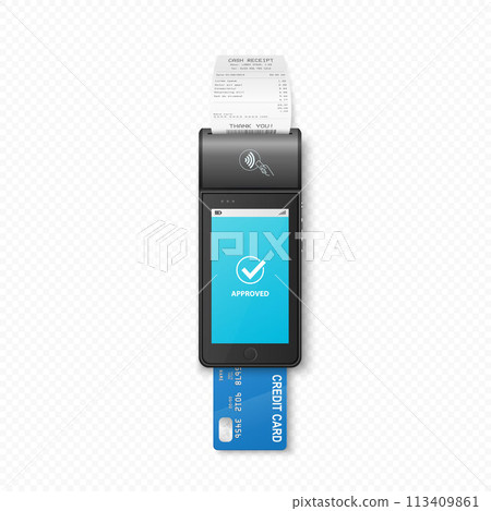 Vector 3D Realistic NFC Payment Terminal with Payment Receipt, Credit Card. Payment Machine - Approved Status. Design Template for Bank Payment Contactless Terminal. Mockup of a POS Terminal. Top View 113409861