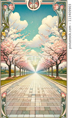 櫻花林蔭大道的背景圖（新藝術風格） 113409903