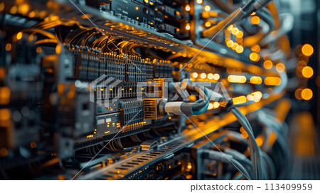 A close-up view inside a network server room with racks of equipment and organized fiber optic cables indicating high-speed data transmission. A close-up view inside a network server room with racks of equipment and organized fiber optic cables indicating high-speed data transmission. 113409959