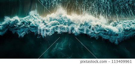 An aerial perspective captures the dramatic and powerful moment of ocean waves crashing, surrounded by the deep blue sea. An aerial perspective captures the dramatic and powerful moment of ocean waves crashing, surrounded by the deep blue sea. 113409961