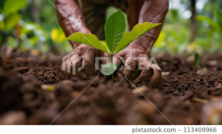 Close-up of hands nurturing a young plant in fertile soil, symbolizing growth, care, and environmental conservation. Close-up of hands nurturing a young plant in fertile soil, symbolizing growth, care, and environmental conservation. 113409966