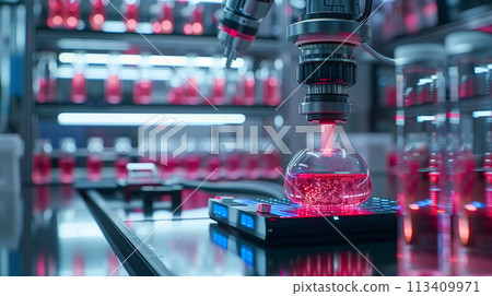 A robotic arm precisely handles a flask in a futuristic pharmaceutical laboratory with rows of red liquid samples. 113409971