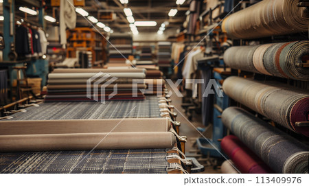 Interior view of a textile factory store with rows of colorful fabric rolls on display, highlighting variety and industrial fabric production. Interior view of a textile factory store with rows of colorful fabric rolls on display, highlighting variety and industrial fabric production. 113409976