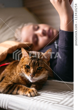 Teenager uses smartphone while travelling with his cat on a train. 113410254