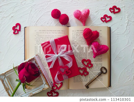 Books, red gift box and heart Books, red gift box and heart 113410301