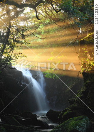 被光照亮的夫婦瀑布（熊本縣南小國町，垂直構圖） 113410380