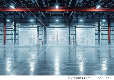 Roller door or roller shutter using for factory, warehouse or hangar. Industrial building interior consist of polished concrete floor and closed door for product display or industry background. 113410539
