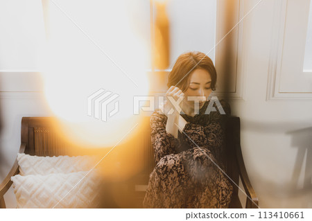 中年婦女坐在房間的沙發上 中年婦女坐在房間的沙發上 113410661
