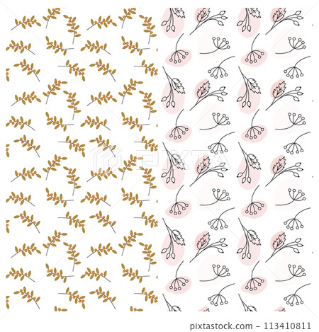 Autumn twigs and spots seamless patterns. Set of 2 Abstract backdrop texture in trendy soft shades Autumn twigs and spots seamless patterns. Set of 2 Abstract backdrop texture in trendy soft shades 113410811