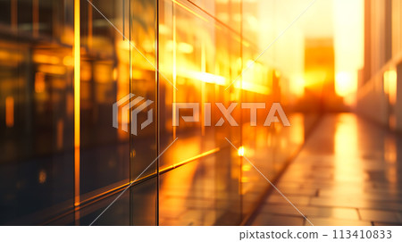 反射夕陽的玻璃建築牆的特寫 反射夕陽的玻璃建築牆的特寫 113410833