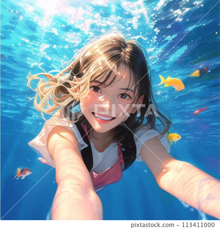 Smiling woman swimming underwater and looking at camera Smiling woman swimming underwater and looking at camera 113411000