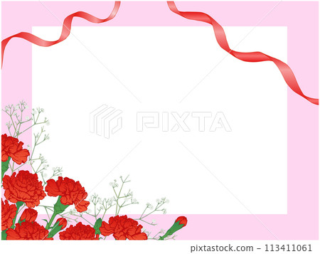 康乃馨、滿天星和絲帶框架①(水平、紅色、粉紅色背景) 康乃馨、滿天星和絲帶框架①(水平、紅色、粉紅色背景) 113411061