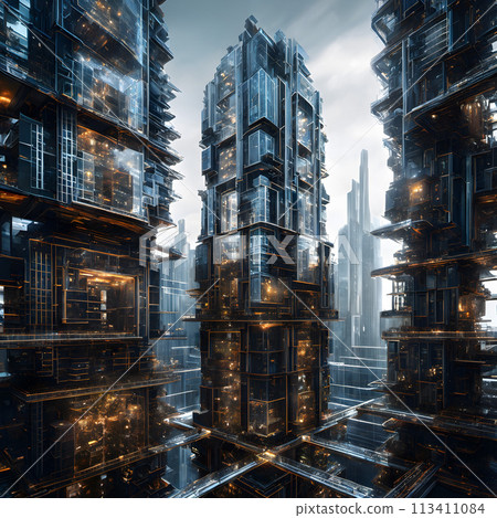 A futuristic cityscape with towering skyscrapers. 113411084