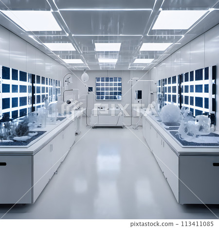 A digital illustration of a modern and clean laboratory interior. 113411085