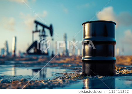 Black oil barrel formed by metal with a oil industry background , and big copy space, Generative AI. 113411232