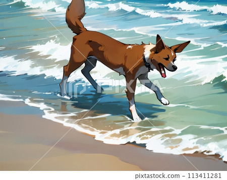狗在沙灘上玩 113411281