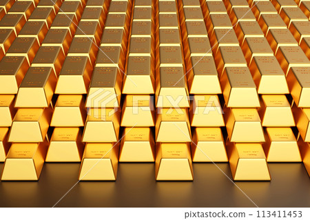 Stack of gold bar, gold ingots in a row, banking financial, 3D rendering. footage Loop. 113411453