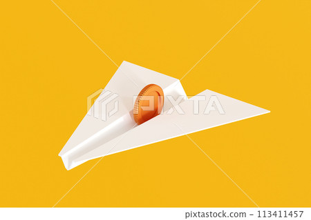 Paper plane with gold coin inside flying forward, business innovation, 3D rendering. Paper plane with gold coin inside flying forward, business innovation, 3D rendering. 113411457