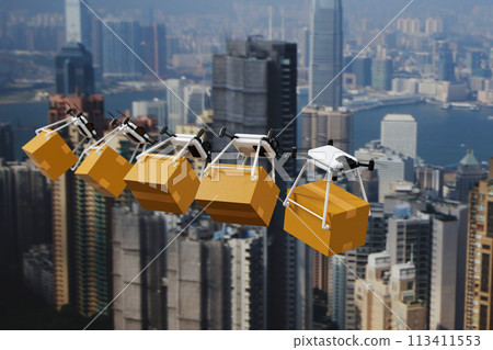 Group of drone delivering parcel box in urban city, futuristic express delivery, 3D rendering. 113411553