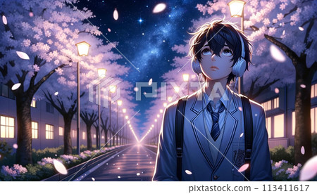 一個男孩在回家的路上仰望夜晚的櫻花 113411617