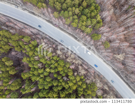 Aerial view of the road in the summer forest with green high pine or spruce trees. Aerial view of the road in the summer forest with green high pine or spruce trees. 113411780