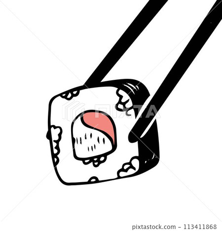 Vector illustration of holding salmon sushi maki roll with chopsticks isolated on white background 113411868